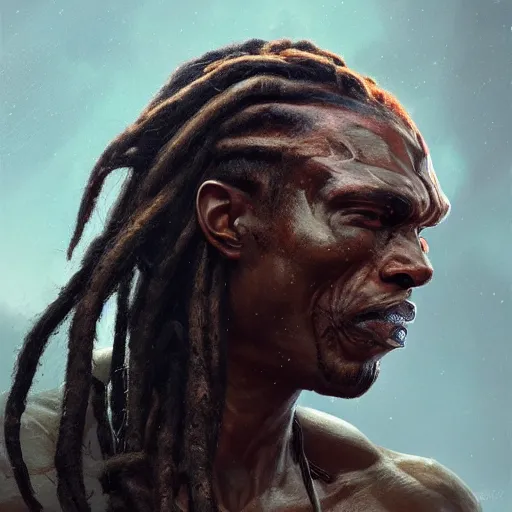 Image similar to A frontal head portrait of The Predator with dreadlocks, by dreadjim, Greg Rutkowski, james gurney, epic scifi character art, Exquisite detail, post-processing, low angle view, masterpiece, cinematic