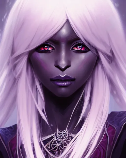 Image similar to portrait of an anime female drow necromancer, hd, illustration, epic, d & d, fantasy, intricate, elegant, highly detailed, digital painting, artstation, concept art, smooth, sharp focus, illustration, art by artgerm and greg rutkowski and alphonse mucha, monster hunter illustrations art book