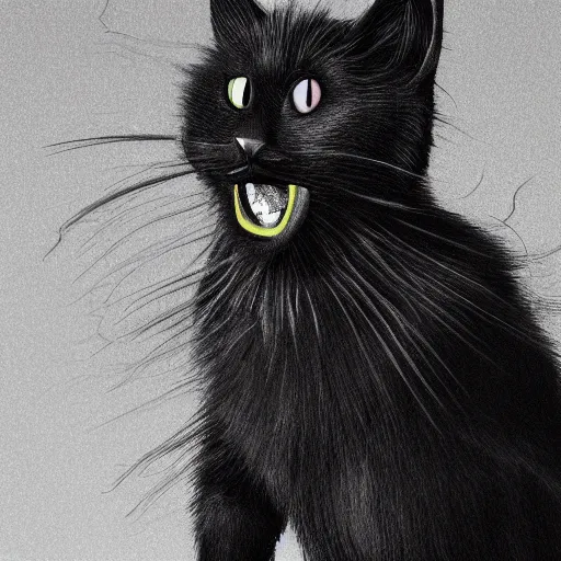 Prompt: a photorealistic black cat with conrad viedt's smile from the man who laughs. 8 k. high resolution.