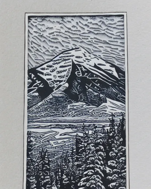 Image similar to an award winning Wood engraving on paper of The Canadian rockies