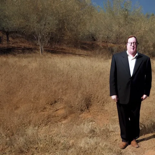 Prompt: 2 0 0 5 john lasseter of pixar is wearing a black suit and necktie and brown shoes. he is standing in a vardant countryside