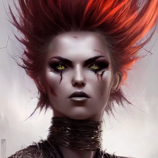 Image similar to kerli koiv as a fire genasi, flaming hair, darkwave, darksynth, concept headshot art, sharp, digital matte painting, art by luis royo, greg rutkowski, wlop, dramatic lighting, trending on artstation