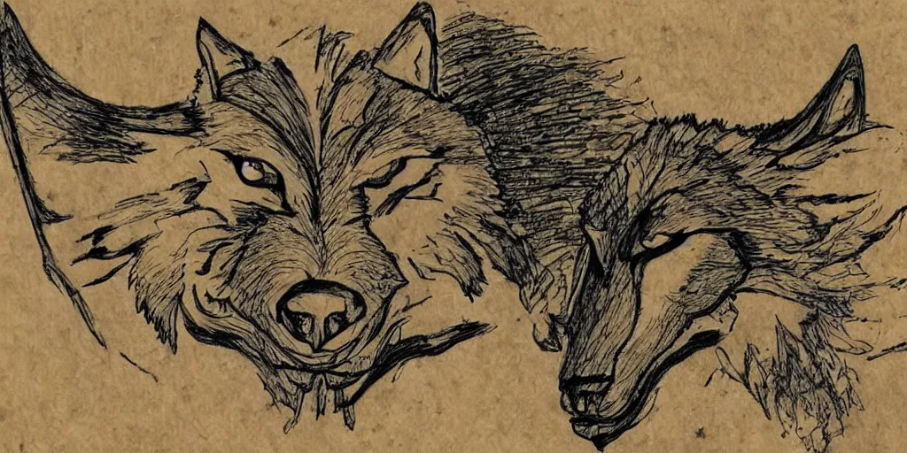 Prompt: face of a wolf in the style of a medieval fantasy map, mountains, forests. Skyrim, Lord of the Rings map, Zelda Breath of the Wild map, drawing on parchment