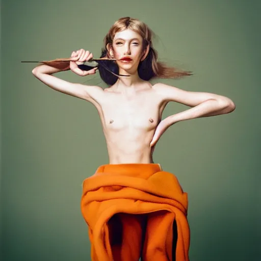 Image similar to a studio close - up portrait of a beautiful fashion model curls her hair. surreal photograph, lo - fi, polished look, silly and serious, hermes ad, fashion photography, toiletpaper magazine, 3 5 mm photograph, colourful, by pierpaolo ferrari, maurizio cattelan