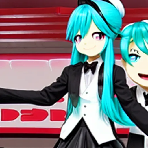 Image similar to hatsune miku and a businessman share domino's pizza