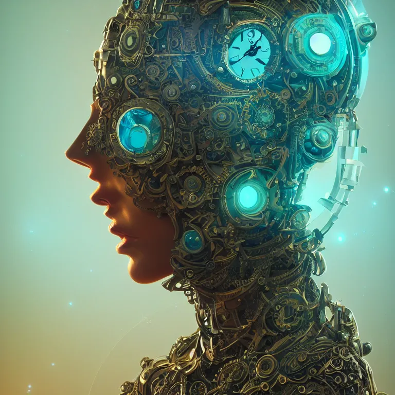 Image similar to beautiful symmetrical face portrait android woman time machine axonometric mechanical fantasy intricate elegant highly detailed in volumetric void of latent space lush flowers intricate jewellery, realm of the gods golden turquoise steampunk, axonometric high contrast cinematic light, mystical shadows, digital painting, sharp focus, octane render, photographic, concept art, artist leonardo davinci, unreal engine 8 k