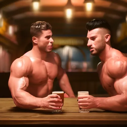 Image similar to cinematic scene with attractive muscular male and another attractive muscular male, drinking their hearts out, in the pub, very detailed, volumetric lighting, still frame