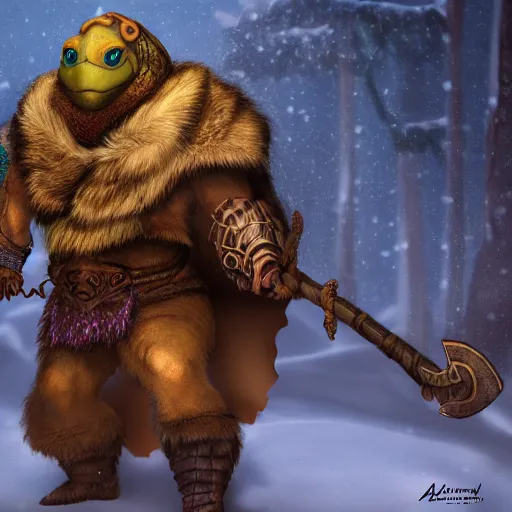 Image similar to anthropomorphic turtle barbarian humanoid by azamat khairov, carapace, blizzard, winter, night, furs, fantasy