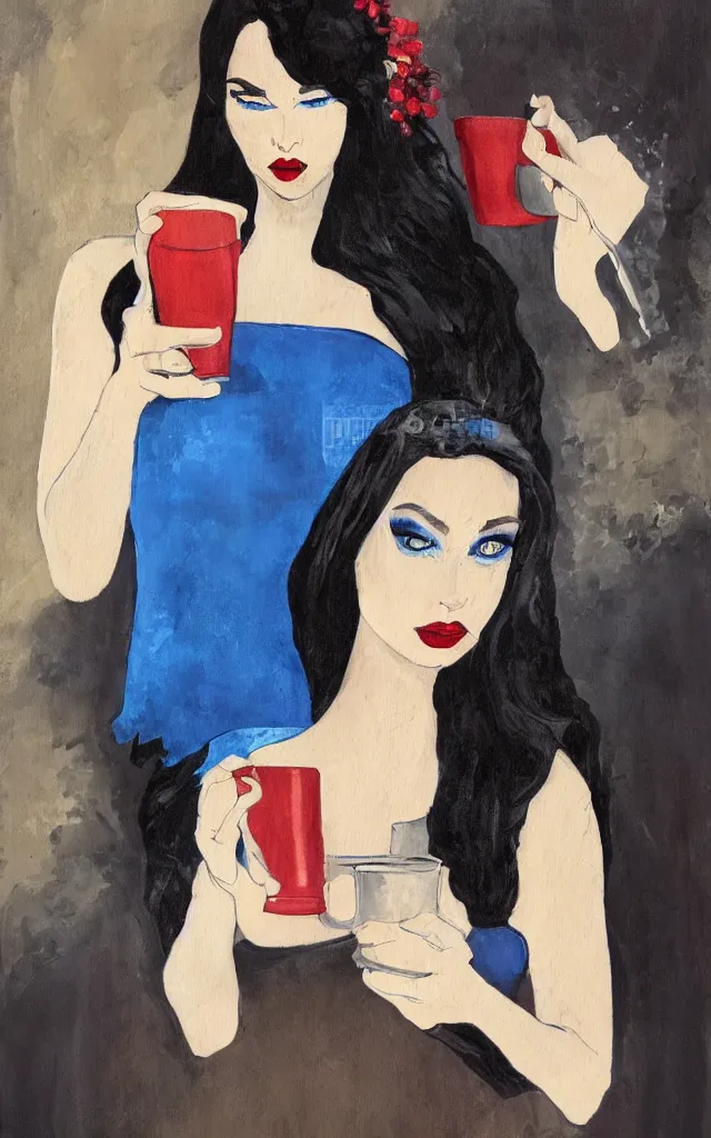 Image similar to painting of the dark - souled but beautiful princess of coffee, dark hair, blue eyes, black dress, teenager, dark eye shadow, red lips, holding a large cup of coffee.