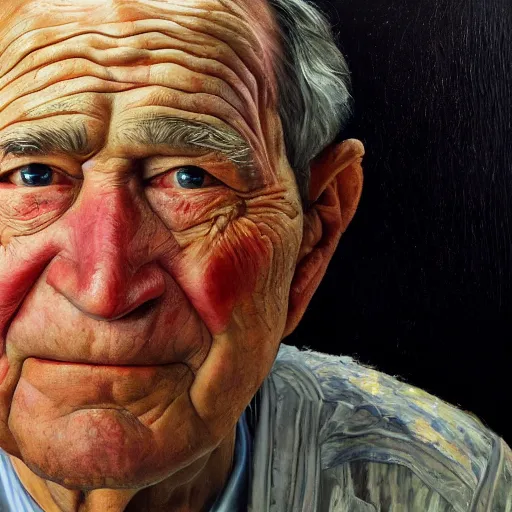 Image similar to hyperrealistic close up studio portrait of aging old George W Bush age 85 wrinkled weeping, oil painting by Ivan Albright and Lucian Freud and Ron Mueck, trending on artstation Studio lighting hyperrealism