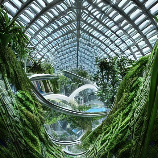 Image similar to stunning indoor jungle inside epic high technology biodome designed by zaha hadid, ultra detailed, highest quality, trending on artstation, polished minimalistic design, smooth organic forms, bio architecture, 8 k