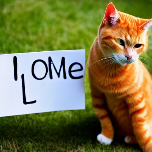 Image similar to orange tabby cat holds sign that says