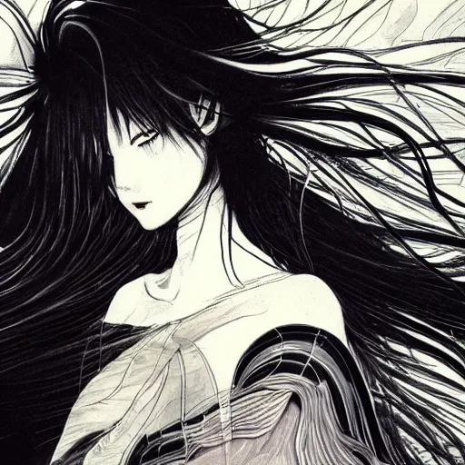 Image similar to yoshitaka amano blurred and dreamy illustration of an anime girl with black eyes, wavy white hair fluttering in the wind wearing elden ring armor and engraving, abstract black and white patterns on the background, noisy film grain effect, highly detailed, renaissance oil painting, weird portrait angle, blurred lost edges, three quarter view