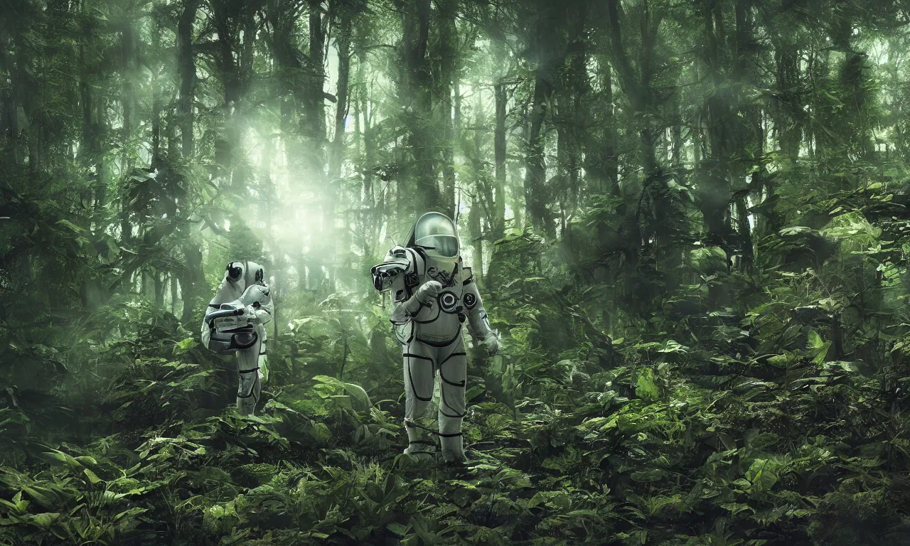 Image similar to prometheus astronaut in the forest with plants environment ,wide angle low, cinematic atmospheric lighthing, octane render, by craig mullin,