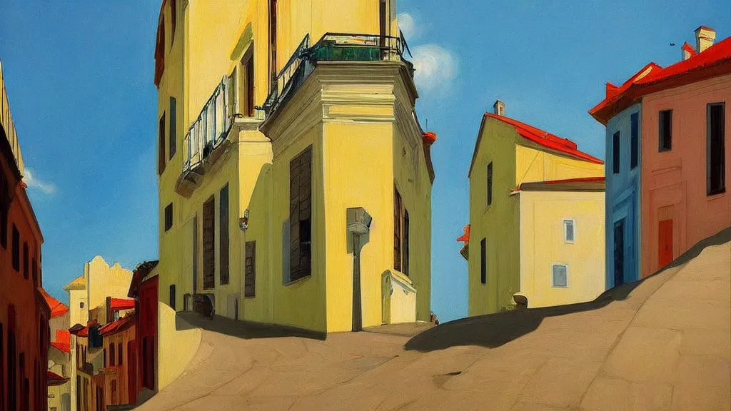 Prompt: Street art. paralyzed by the indescribable beauty of the cosmos. amazing view of Portugal. art style by Edward Hopper daring, incredible