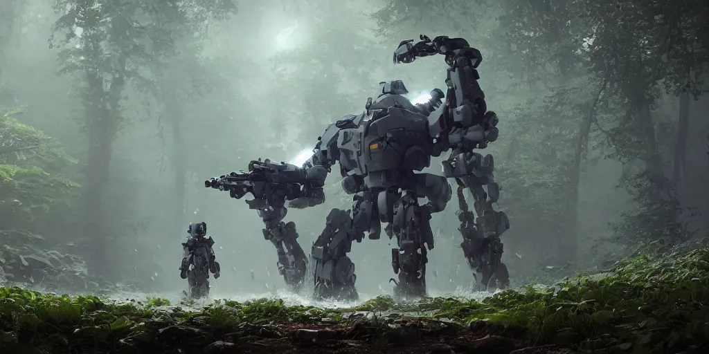 Image similar to concept art of heavy mecha trooper, trees, puddles of water, bushes and leafs, by filip hoda, beeple, greg rutkowski, octane render, cryengine, details, hyper realistic