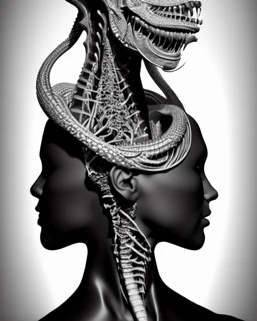 Image similar to a black and white 3D render of a young beautiful female queen-dragon-cyborg bust with a very long neck and Mandelbrot fractal face, Mandelbrot fractal skin, flesh, anatomical, facial muscles, veins, arteries, elegant, highly detailed, flesh highly baroque ornate, hair are cable wires, elegant, high fashion, rim light, octane render, in the style of H.R. Giger, Realistic, Refined, Digital Art, Highly Detailed, Cinematic Lighting, rim light, black and white, photo-realistic, 8K
