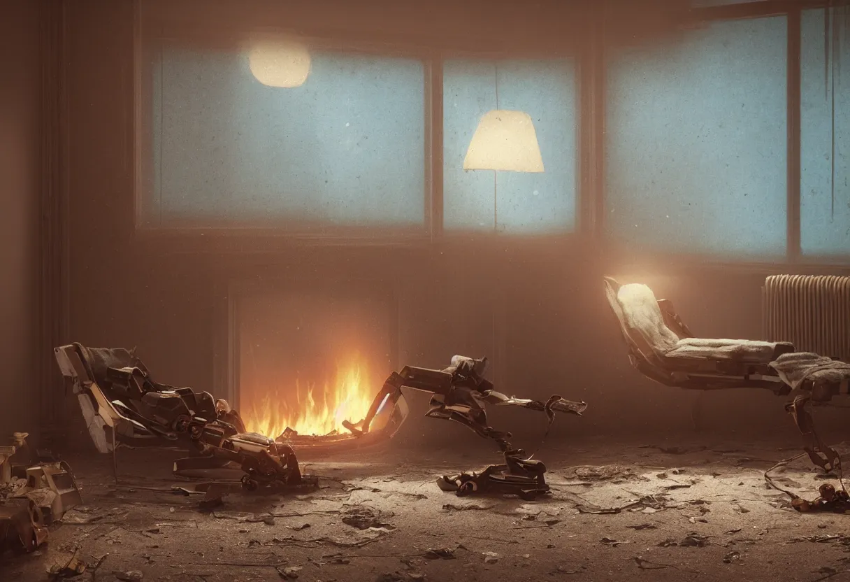 Image similar to intimate photograph of one single lone solitary cerulean and brown decaying futuristic robot lying on a frayed fainting couch facing a beautiful fireplace with a cozy fire, in a dusty Victorian home, soft morning light seeping in a window, with cinematic lighting and lens flare, tall ceiling, octane render, cgsociety, by Simon Stalenhag and Sylvian Boussiron and Alfonso Cuaron, highly detailed closeup portrait, award-winning highly detailed 8k anamorphic closeup tight cinematic movie photograph