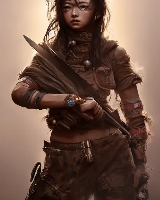 Prompt: hyper realistic portrait of postapocalyptic asian death cult monk girl sword and shield, beads, gears, machineparts, cinematic, artstation, cgsociety, pascal blanche