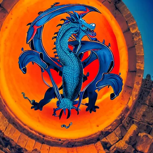 Prompt: professional photo of a blue dragon with a white belly and orange eyes flying over some ancient ruins