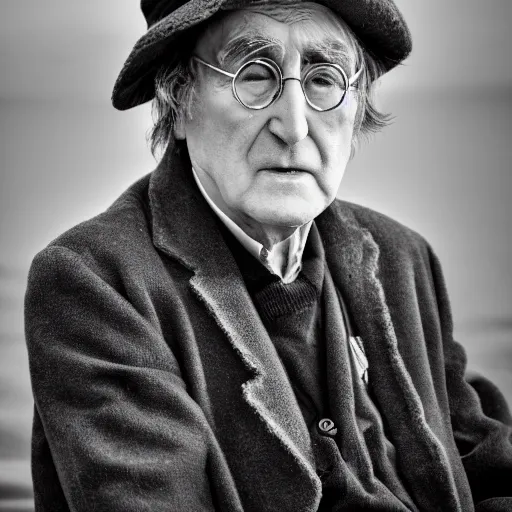 Image similar to old john lennon singer at age 9 0 years old, color ( sony a 7 r iv, symmetric balance, polarizing filter, photolab, lightroom, 4 k, dolby vision, photography award ), vogue, perfect face