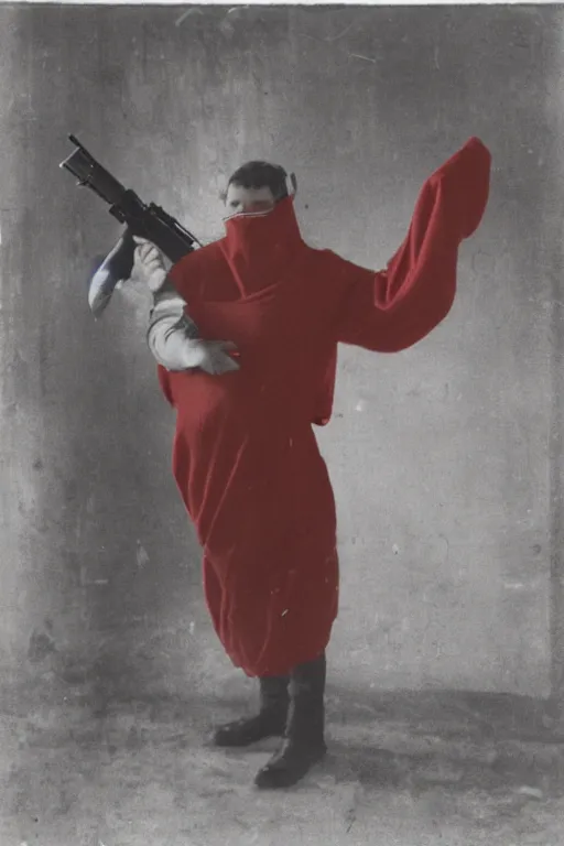 Image similar to man wearing a red sack over his head holding a gun, bloody, looking at the camera