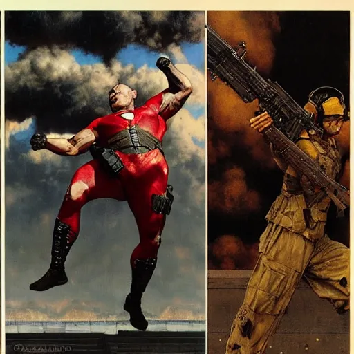 Prompt: jocko willink as superhero solider, dynamic action, dystopian, by lawrence alma tadema and zdzislaw beksinski and norman rockwell and tom lovell and greg staples