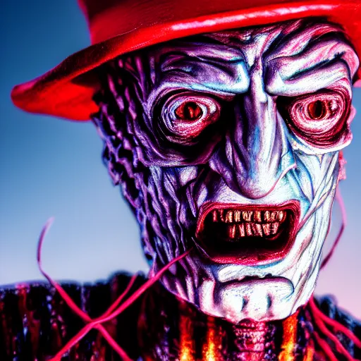 Image similar to portrait of freddy krueger, highly detailed, synthwave photography, 8k,