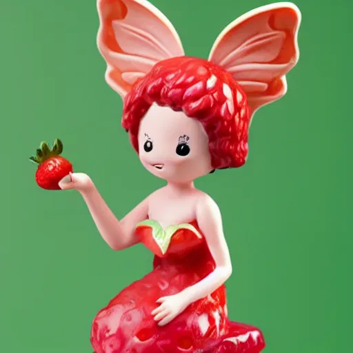 Image similar to a femo figurine of a cute funny strawberry fairy made of strawberry jam