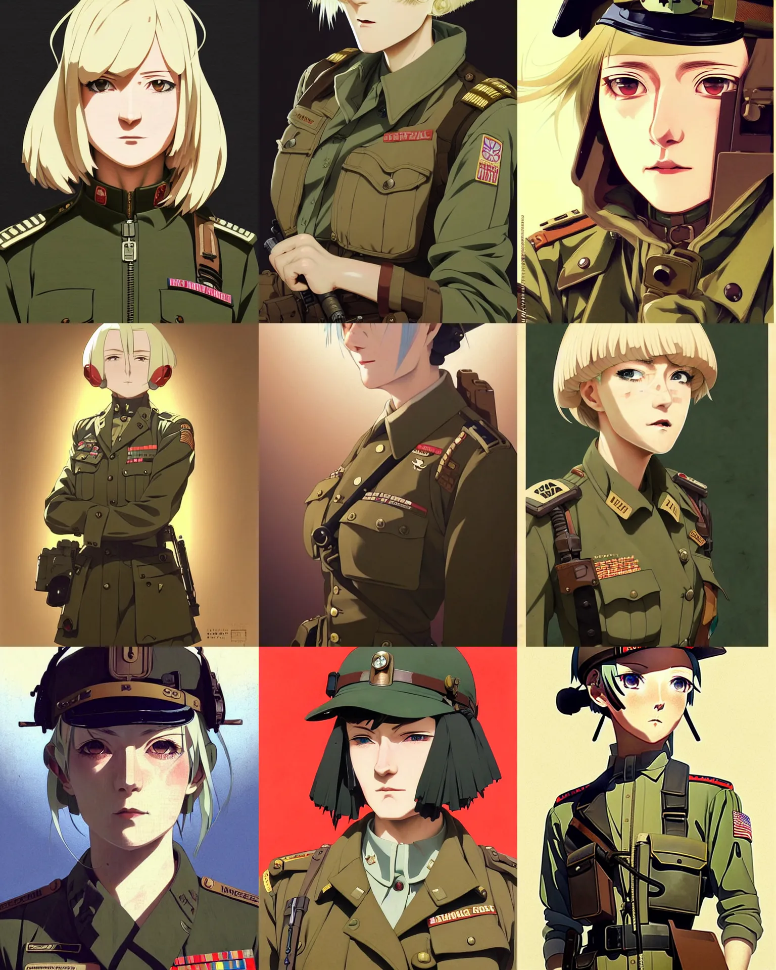 Prompt: An old dieselpunk woman in military fatigues || VERY VERY ANIME!!!, fine-face, age lines, blonde hair, realistic shaded perfect face, fine details. Anime. realistic shaded lighting poster by Ilya Kuvshinov katsuhiro otomo ghost-in-the-shell, magali villeneuve, artgerm, Jeremy Lipkin and Michael Garmash and Rob Rey