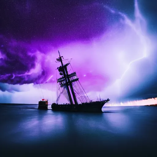 Image similar to purple color lighting storm with stormy sea, pirate ship firing its cannons real life trippy nebula sky 50mm shot