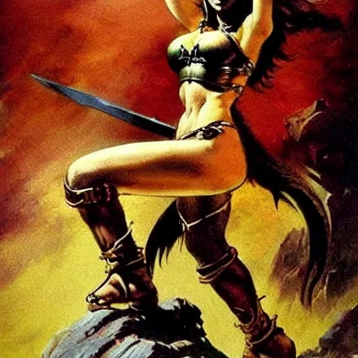 Image similar to warrior princess by Frank Frazetta,fantasy artwork,bold,striking,high quality!!!!!,masterpiece!!!!