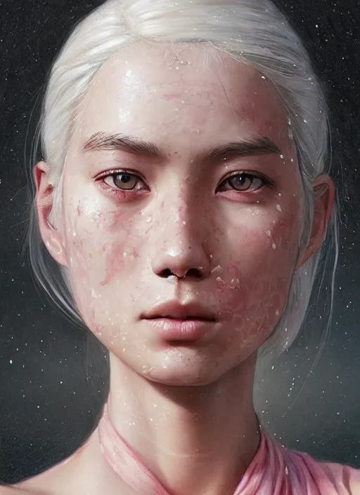 Prompt: girl with shoulder length white hair, rice farmer, beautiful highly detailed face, light freckles, pink pupils, beautiful painting by artgerm and greg rutkowski and raymond swanland