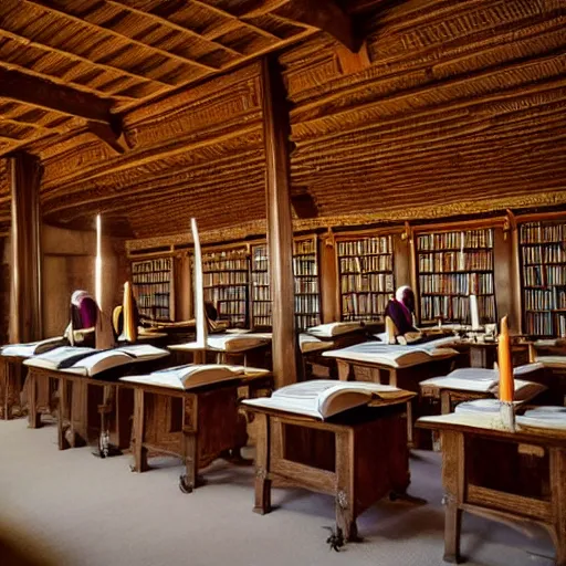 Prompt: Monks who worked on books were known as scriptores and worked in rooms called scriptoriums. The scriptorium was a long room, lit only by the light from the windows, with wooden chairs and writing tables. A monk would sit hunched over these tables, which angled upwards to hold manuscript pages, day after day to complete a work. Candles or oil lamps were not allowed in the scriptorium to maintain the safety of the manuscripts as fire was an obvious and significant threat.