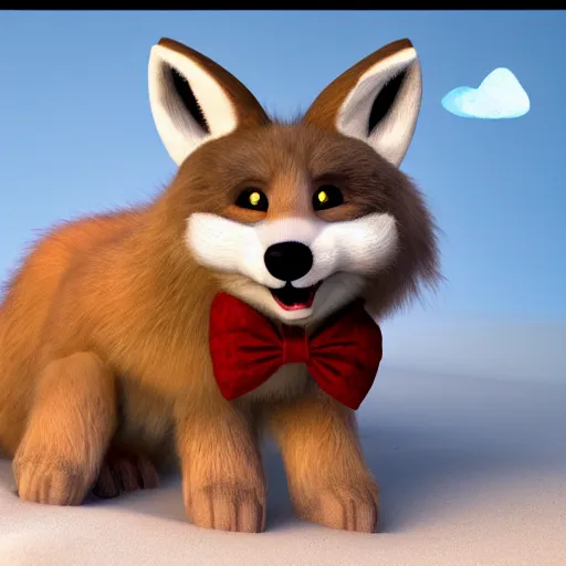 Image similar to a photorealistic adorable chubby fennic fox wolf rabbit hybrid, wearing bows on its fuzzy ears, grinning at the camera with a mischievous look, sharp teeth, happy lighting, at a tropical beach