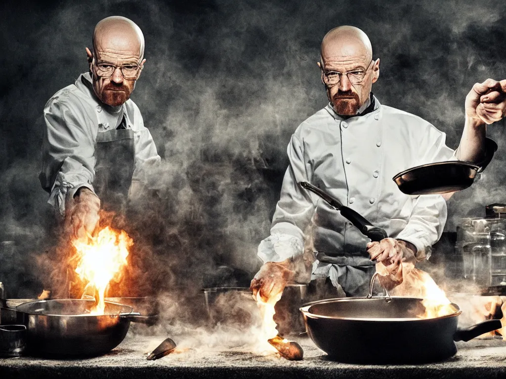 Image similar to walter white cooking eggs in a saucepan. He is looking worried. The stove is on fire. dramatic lighting, movie poster