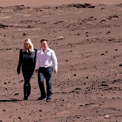 Image similar to elon musk and margot robbie holding hands on mars, highly detailed, hyper realistic