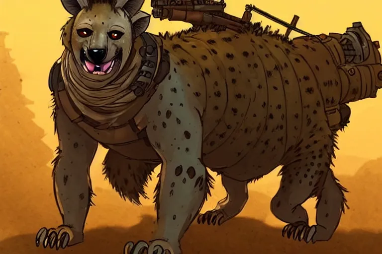 Image similar to a good ol'hyena fursona ( from the furry fandom ), heavily armed and armored facing down armageddon in a dark and gritty version from the makers of mad max : fury road. witness me.