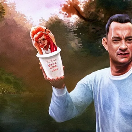 Image similar to tom hanks as forrest gump has shrimps instead of hands, photorealistic, cgsociety, artstation