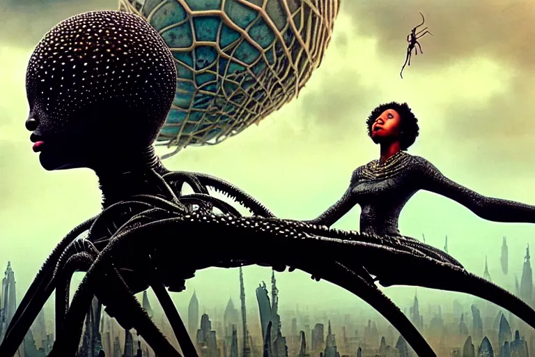 Image similar to realistic detailed closeup portrait movie shot of a beautiful black woman riding a giant spider, dystopian city landscape background by denis villeneuve, amano, yves tanguy, alphonse mucha, max ernst, ernst haeckel, edward robert hughes, roger dean, cyber necklace, rich moody colours, sci fi patterns, wide angle