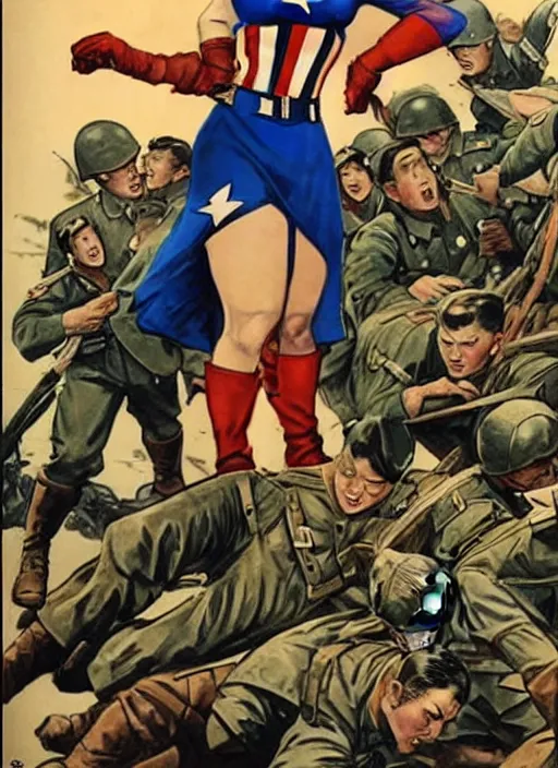 Prompt: beautiful asian female captain america standing on a pile of defeated, beaten and broken german soldiers. feminist captain america wins wwii. american wwii propaganda poster by james gurney. gorgeous face. overwatch