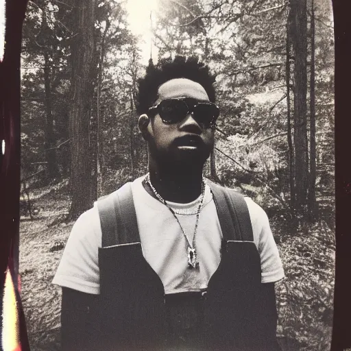 Image similar to retro 90s granular polaroid outdoors photo of an African American rapper near a campfire, flash photography, image artifacts