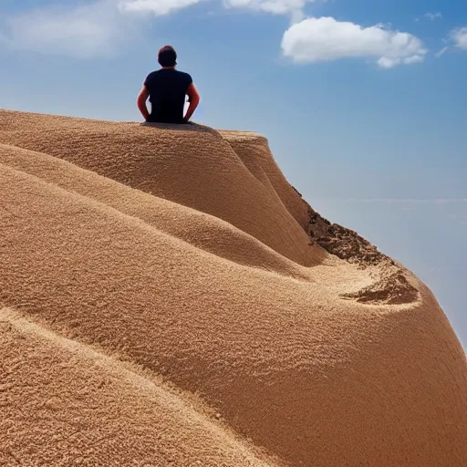 Image similar to man sitting on top peak mountain cliff looking at huge sand tornado