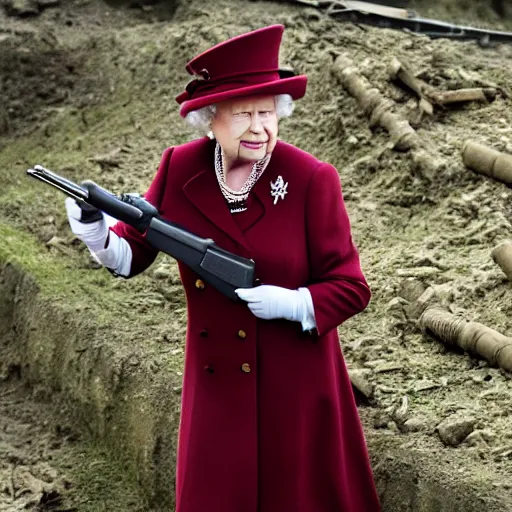 Image similar to Queen Elizabeth II holding a gun while in WWII trenches, highly detailed, high quality, HD, 4k, 8k, Canon 300mm, professional photographer, 40mp, lifelike, top-rated, award winning, realistic, sharp, no blur, edited, corrected, trending