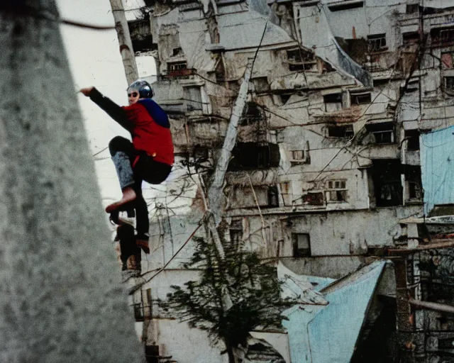 Prompt: lomo photo of basejumpers climbing on roof of soviet hrushevka, small town, cinestill, bokeh, out of focus