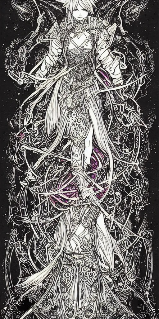 Image similar to a mage from final fantasy 14, intricate, amazing line work, cosmic, psychedelic, cheerful, colorful, tarot cards, empress tarot card