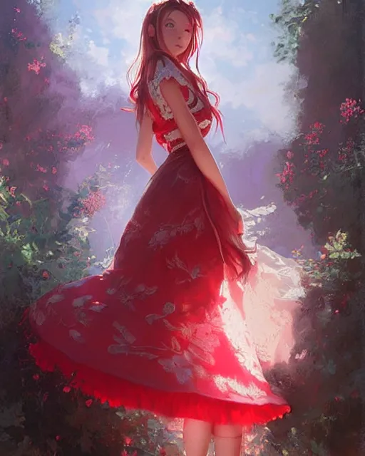 Image similar to aerith gainsborough in red lace skirt, portrait, illustration, rim light, top light, perfectly shaded, soft painting, art by krenz cushart and wenjun lin