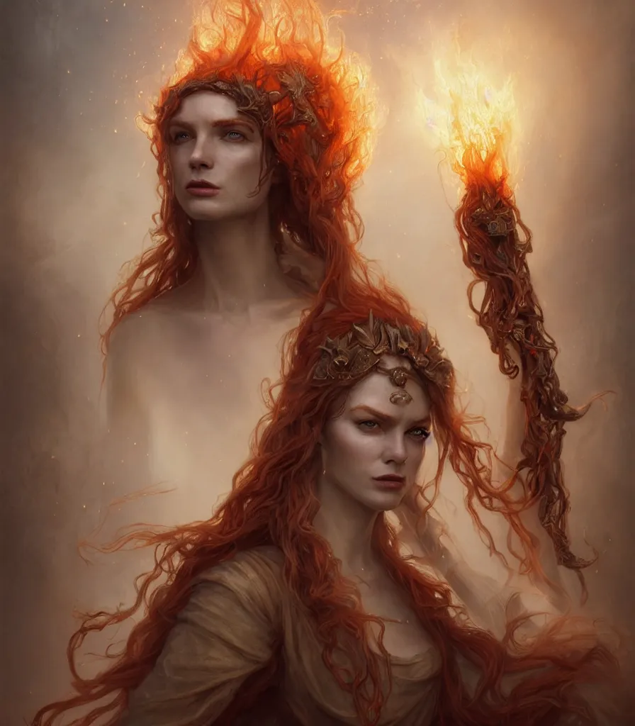 Prompt: oil portrait | full medium shot | front close - up | one character | dressed in long rags, fire in your hair, ethereal, biblically accurate goddess, multidimensional background, tiny engraved ornaments of white gold in your face, octane render, devianart, fine art, intrincate. by peter mohrbacher, marc simonetti and anna podedwor