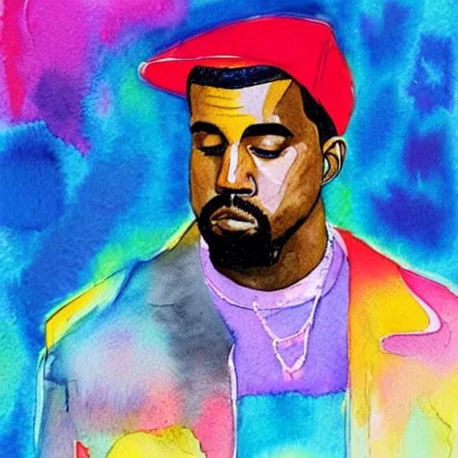 Prompt: watercolor illustration of kanye west wearing a birthday hat, colorful, artistic, vibrant, art