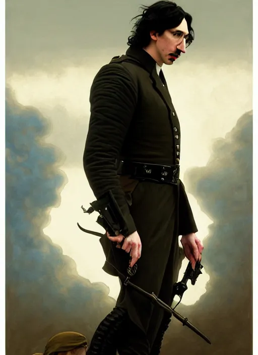 Image similar to painting of both john oliver and adam driver together, adam driver behind, john oliver in front, stoic, full body, military uniform, fantasy, elegant, beautiful, highly detailed, centered, dark, smokey, digital painting, concept art, smooth, sharp focus, illustration, deviant art, art by greg rutkowski, art by alphonse mucha